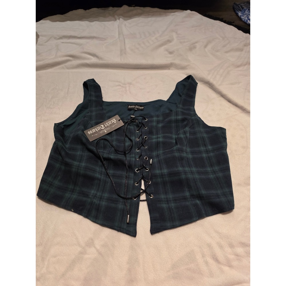 Scarlet Darkness Plaid Lace Up Corset Vest Green Navy Goth Steampunk 2XL